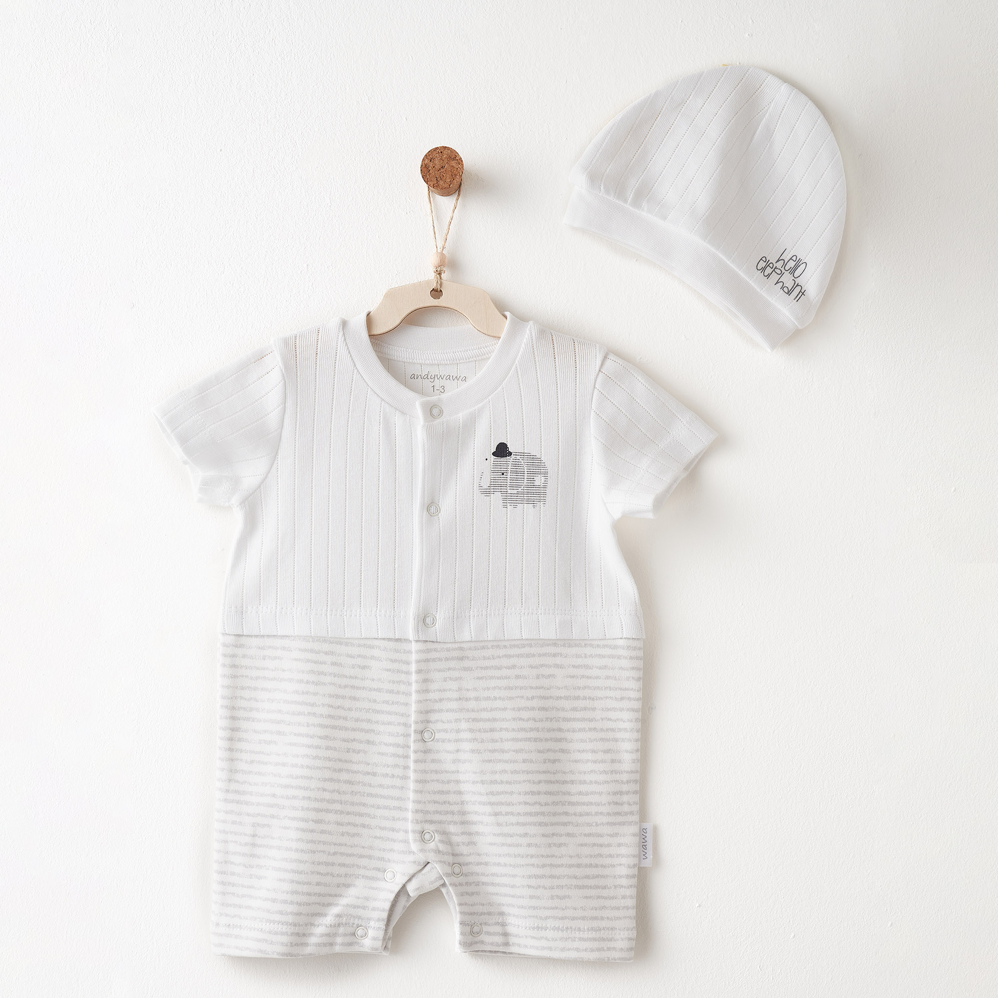 Bebek Tulum Takim Romper Hat Set Jacquard Hello Elephant